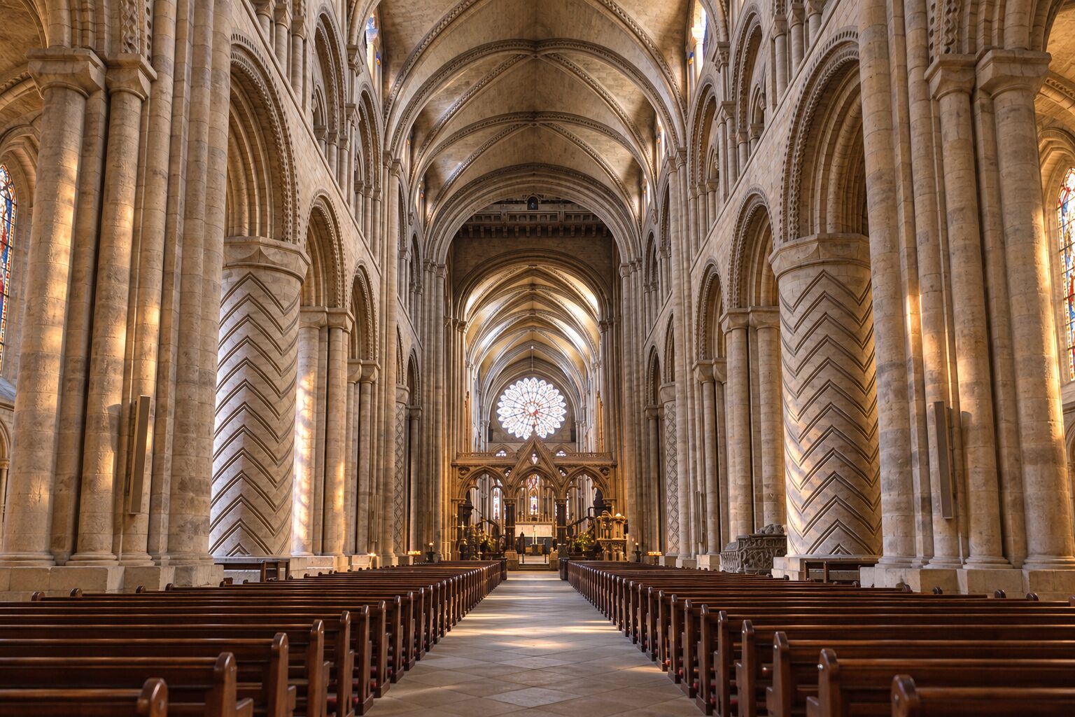 The great Norman nave of Durham Cathedral with its massive carved columns